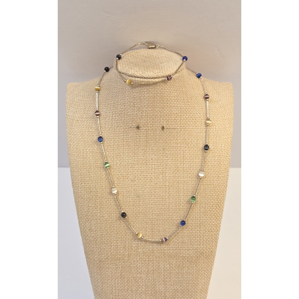 Vintage Liquid Silver & Stationary Cat's Eye Necklace & Bracelet Set‎ Sterling